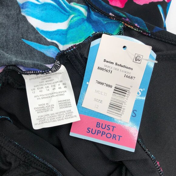Swim Solutions Womens Floral Halter Tankini Top Bust Support Black Blue 12 - Picture 6 of 7